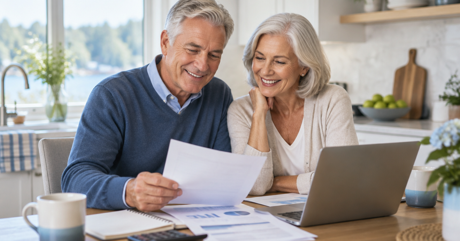 Couple reviewing financial documents together at home