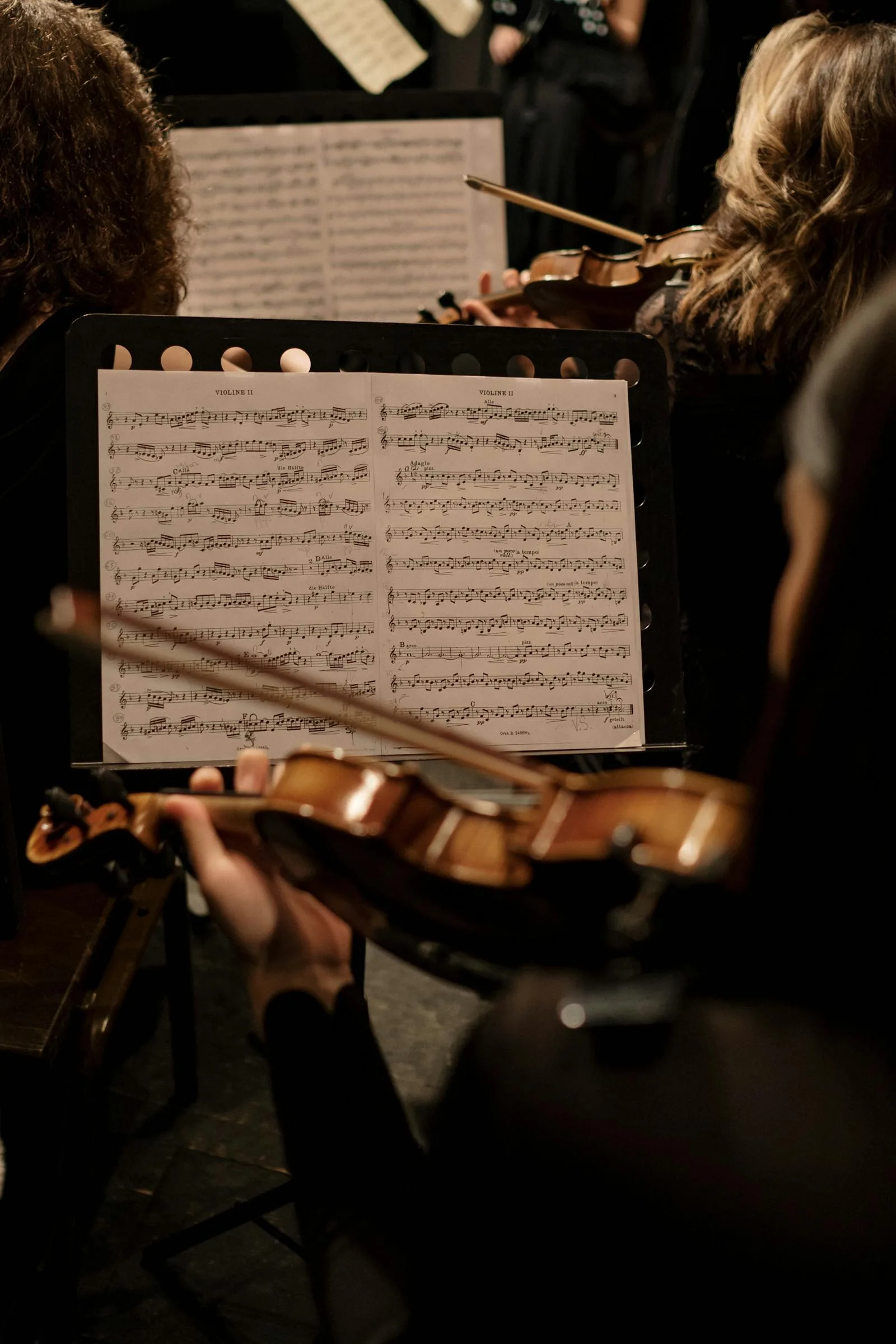 Orchestra musicians playing violins in performance.