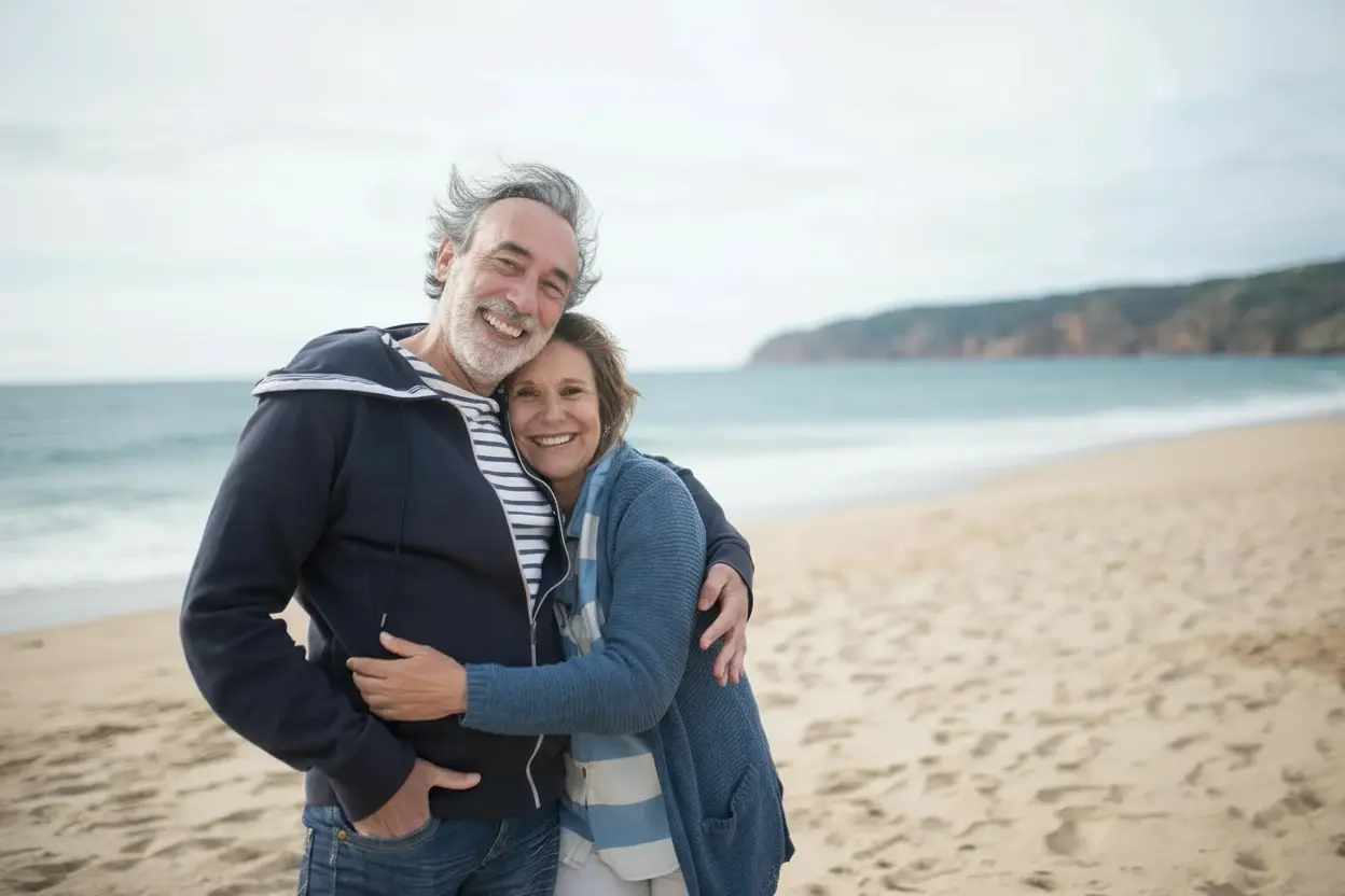 Elderly couple sharing a warm embrace.